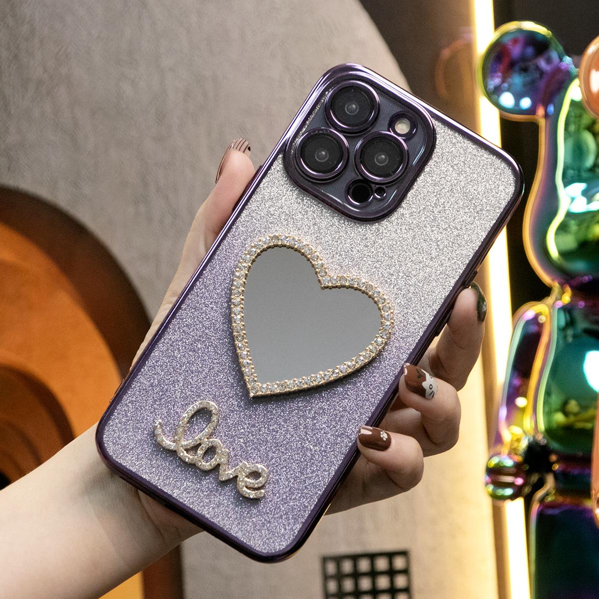 Glitter Transparent Gradient Love Heart Mirror Phone Case For iPhone 16 15 14 13 12 11 XR XSMax X/XS Clear Soft TPU Back Cover