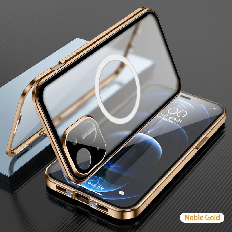 Double Sided HD Glass Matte Back Cover Aluminium Alloy For Magsafe Full Cover 360 Magnetic Ring High Definition Metal Case For iPhone 16ProMax 16 15 14 13 12 Pro Max Glass Full Cover