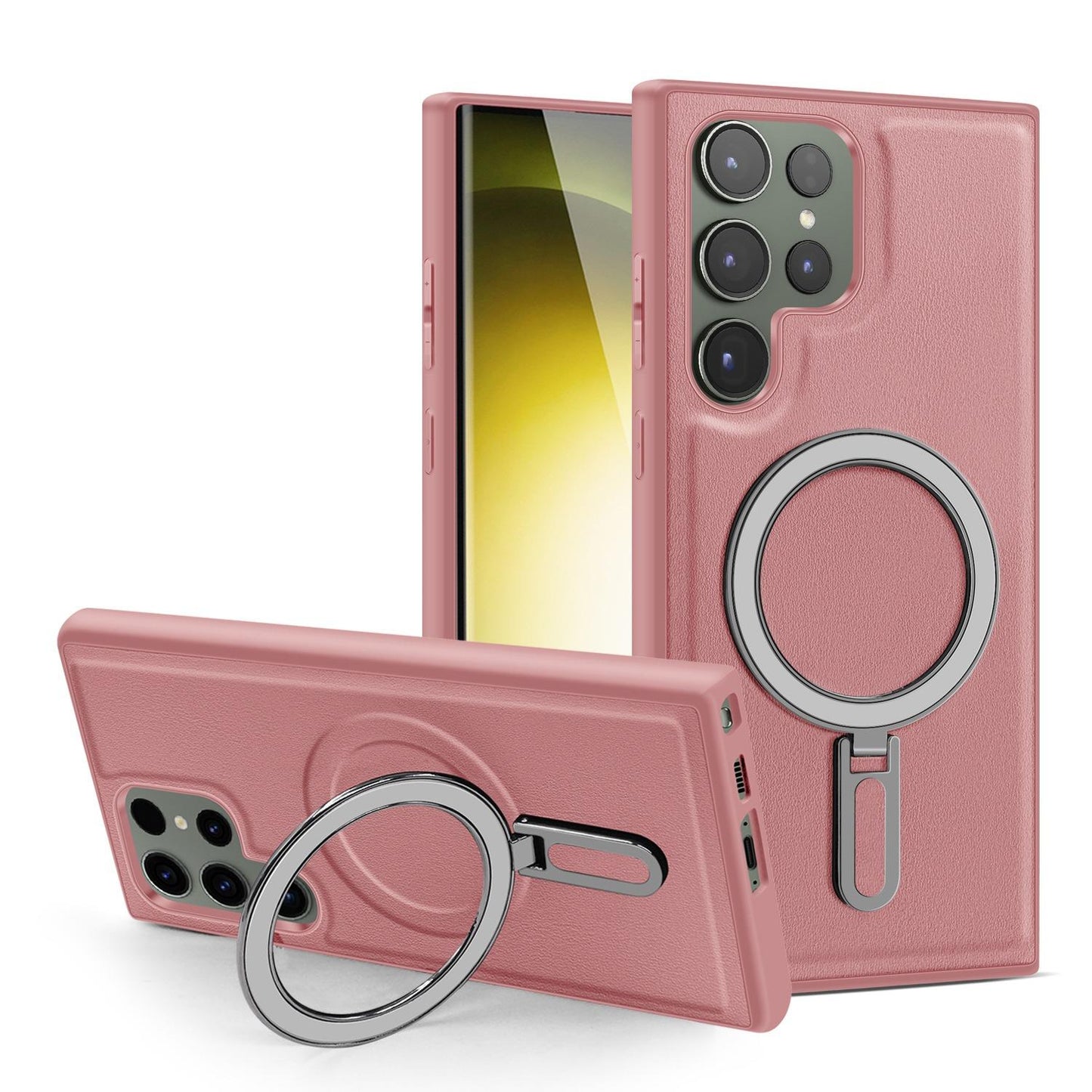 Luxury Full Leather Glossy Kickstand Phone Case For Magsafe For Samsung S25Ultra S25+ S25 S24FE S24 Ultra S23 S22 Ultra Plus Metal Ring Magnetic Metal Holder Shockproof Stand Back Cover