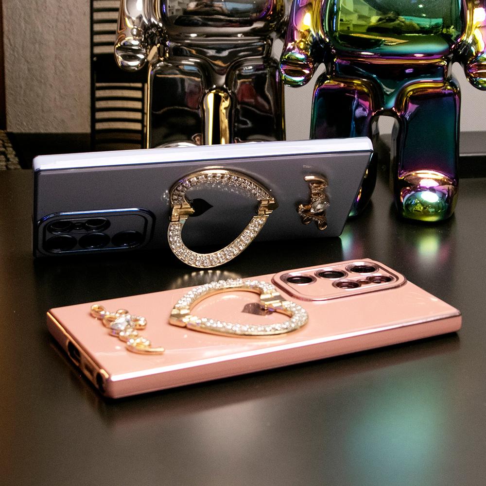 Luxury Rhinestone Love Heart Holder Plating Phone Case For Samsung S25Ultra S25 S24Ultra S24FE S24 S23 S22 A15 A16 A25 A35 A53 A54 A55