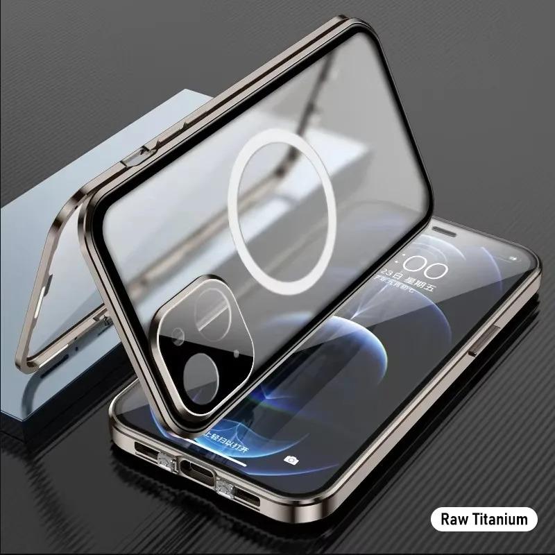 Double Sided HD Glass Matte Back Cover Aluminium Alloy For Magsafe Full Cover 360 Magnetic Ring High Definition Metal Case For iPhone 16ProMax 16 15 14 13 12 Pro Max Glass Full Cover