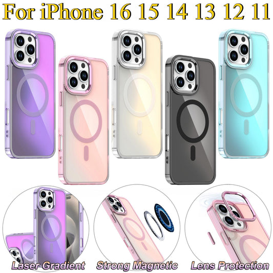 Slim Laser Gradient Chameleon Strong Magnetic For Magsafe Wireless Charging Phone Case For iPhone 16 15 14 13 12 11 Pro Max Plus Metal Frame TPU Acrylic Shockproof Hard Full Cover