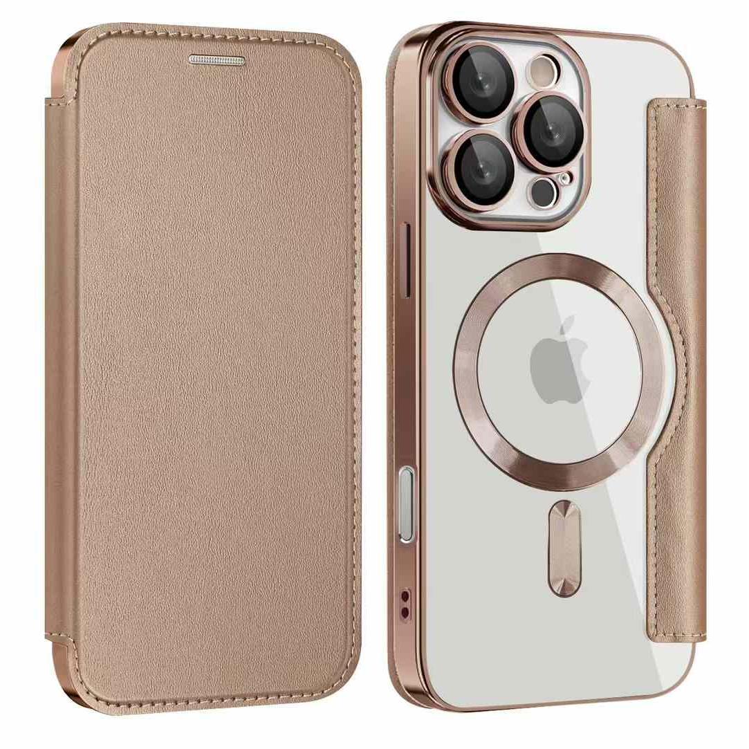 Wireless Charge Case for iPhone 16 15 14 13 Pro Max Magnetic Shockproof Flip Leather Shell Card Slot Hard PC Back Cover