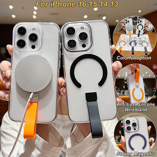 Colorful Crystal High Definition Clear C Pattern Magnetic Phone Case with Silicone Wristband For iPhone 16ProMax 16 15 14 13 Pro Max Plus Transparent HD Len Protection Hard Full Cover