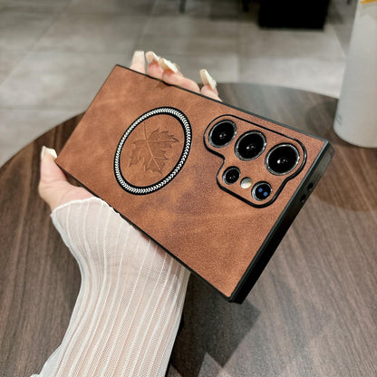 For Samsung S25Ultra S25Edge S24 S23 S22 S21 Note20 Case, Maple Leaf Pattern Matte Suede Leather Magnetic Shockproof Anti-Slip Hard Phone Case