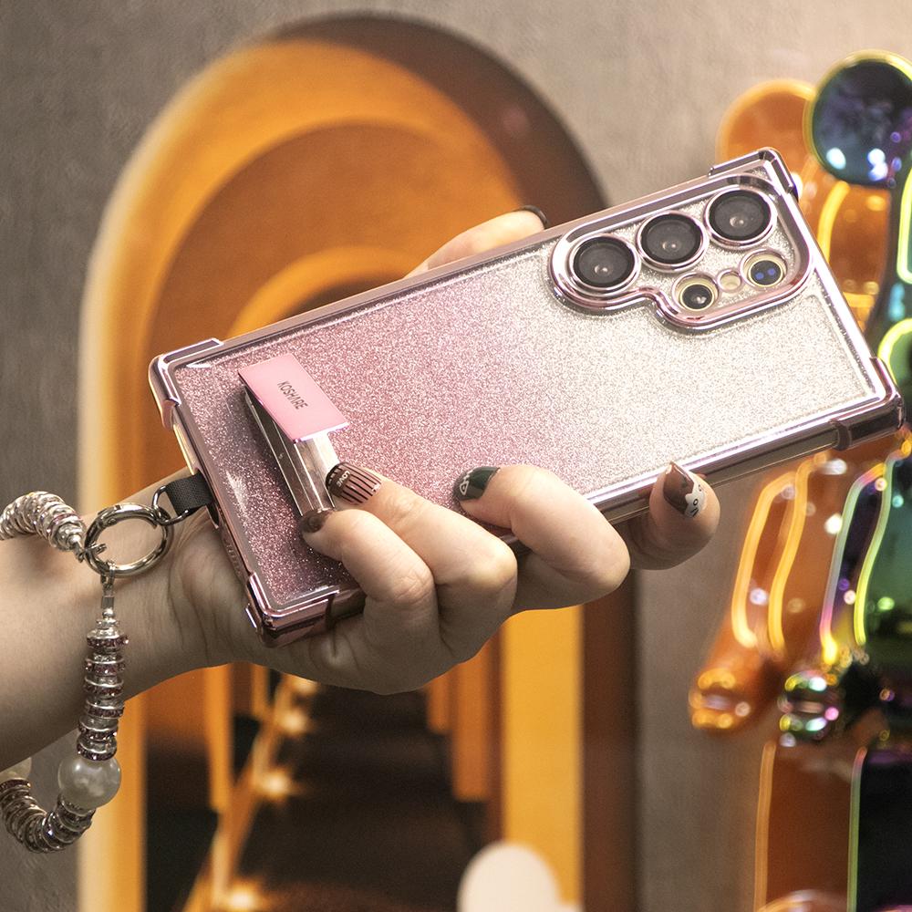 Gradient Plating Four Corners Thin Kickstand Case with Pearl Diamond Wristband for Samsung S25Ultra S25 S24 S23 S22 S21 Note20 A53 A54 A55 Hard Acrylic Bumper Full Cover