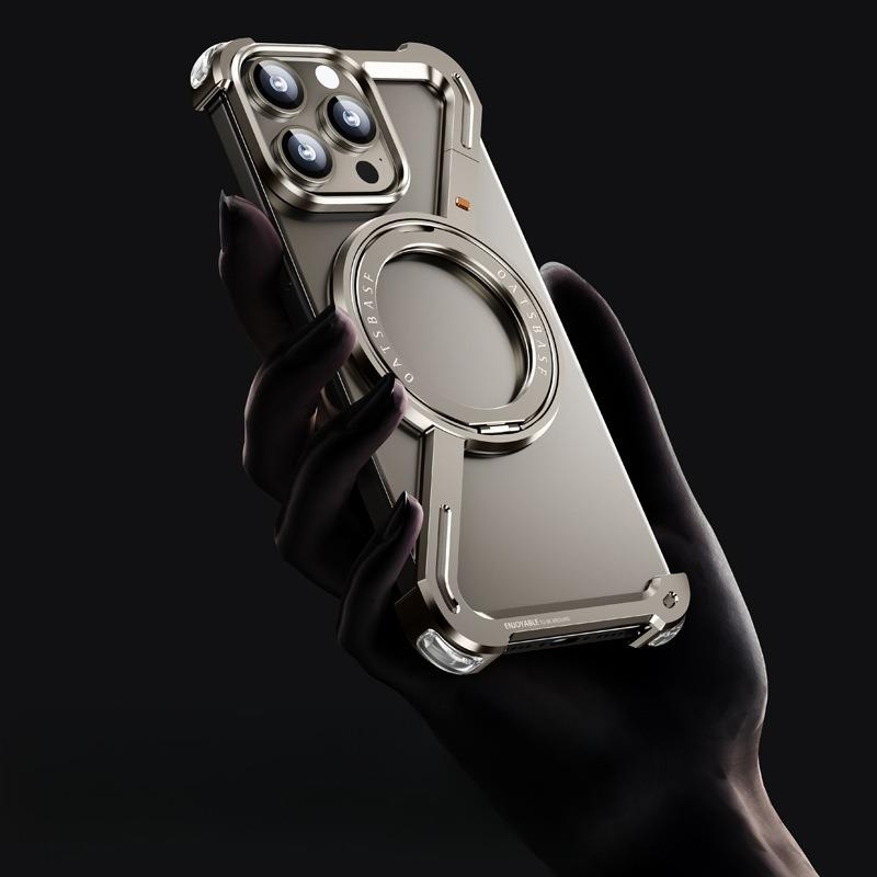 For iPhone 16ProMax 16 15 14 13 Desert Gold Aluminum Z Shape Phone Case with Metal 360 Rotating Kickstand, Anti-Fall for Magsafe Shockproof Frameless Support Wireless Charging Hard Full Cover