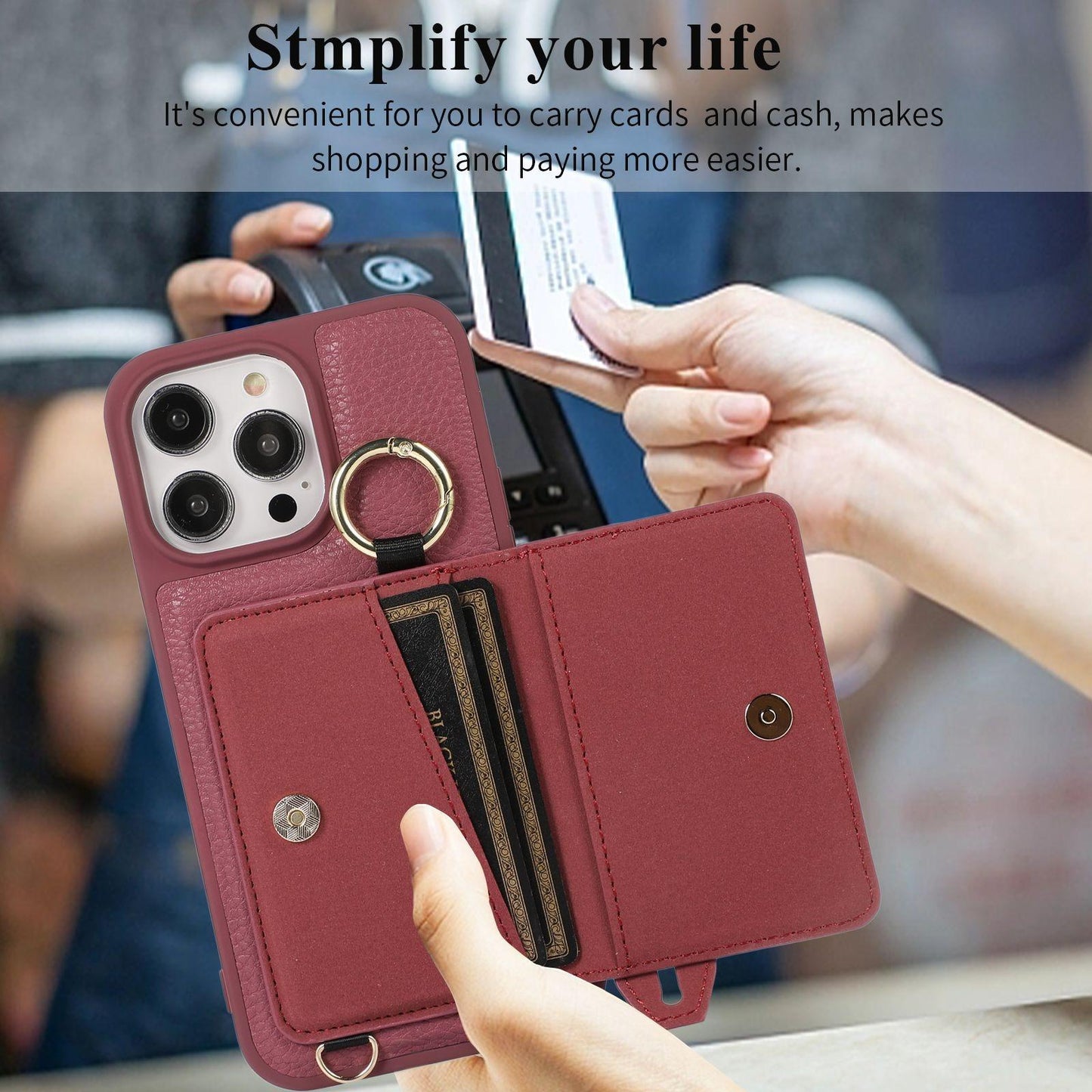 For iPhone 16ProMax 16 15 14 13 12 11 Leather Phone Case with Double Folding Wallet Lanyard, Anti-Fall Card Slot Wristband Ring Kickstand Shockproof Business Hard Full Cover