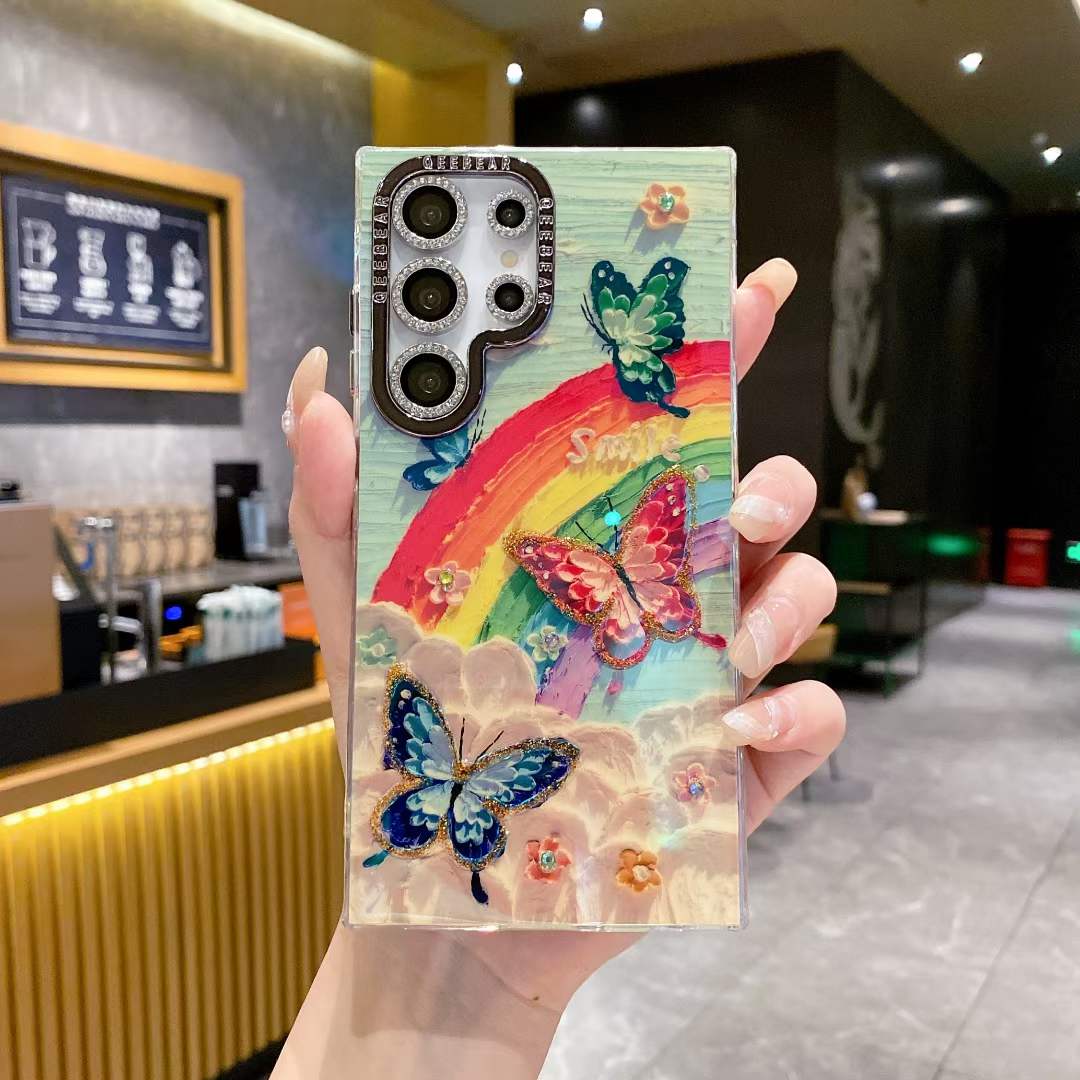 For Samsung S25 S24 S23 S22 A34 A35 A53 A54 A55 Note20Ultra Phone Case, Luxury Elegant Colorful Rainbow Butterfly Flower Oil Painting Metal Camera Frame Anti-drop Hard Shockproof Full Cover