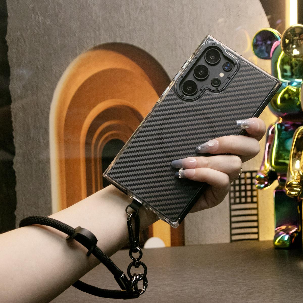 Strong Magnetic Carbon Fiber Phone Case, With MultiFunctional Wristband, Metal Hardware Acrylic, Shockproof Anti-Fall Bumper For Samsung S25Ultra S25 S24 S23 S21FE A14 A15 A24 A25 A35 A54 A55 A05