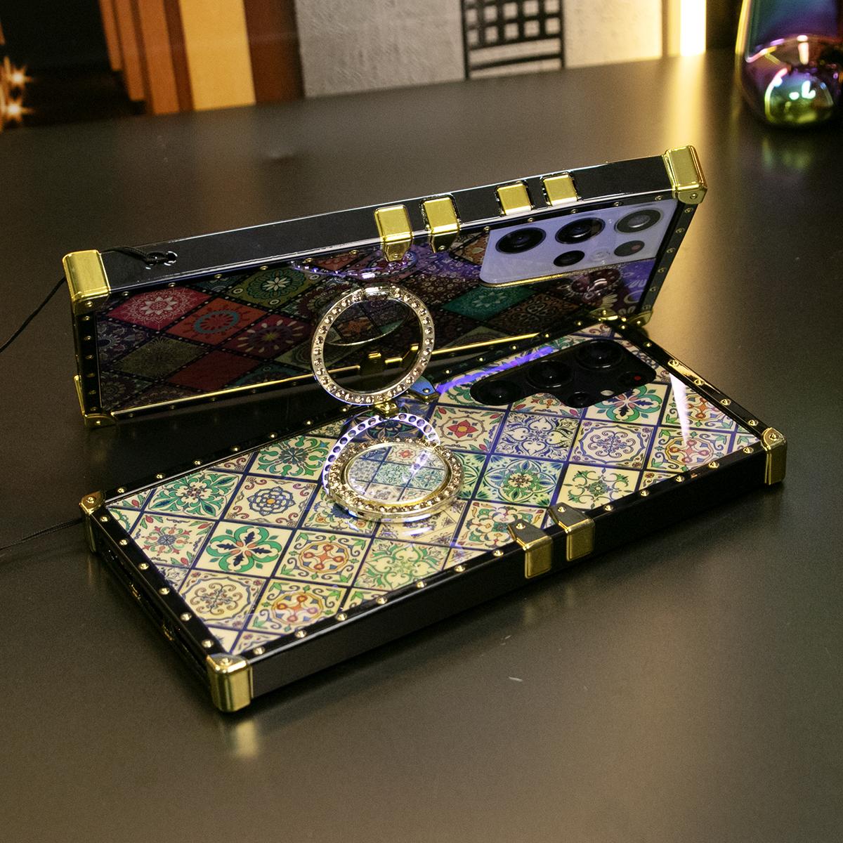 Luxury Glitter Retro Flower Pattern Cover For Samsung S25 S24 S21 S22 S23Ultra Fashion Geometric Square Case For Samsung A74 A73 A72 A71 A55 A54 A53 A52 A35 A34 A24 A25 A14 A15