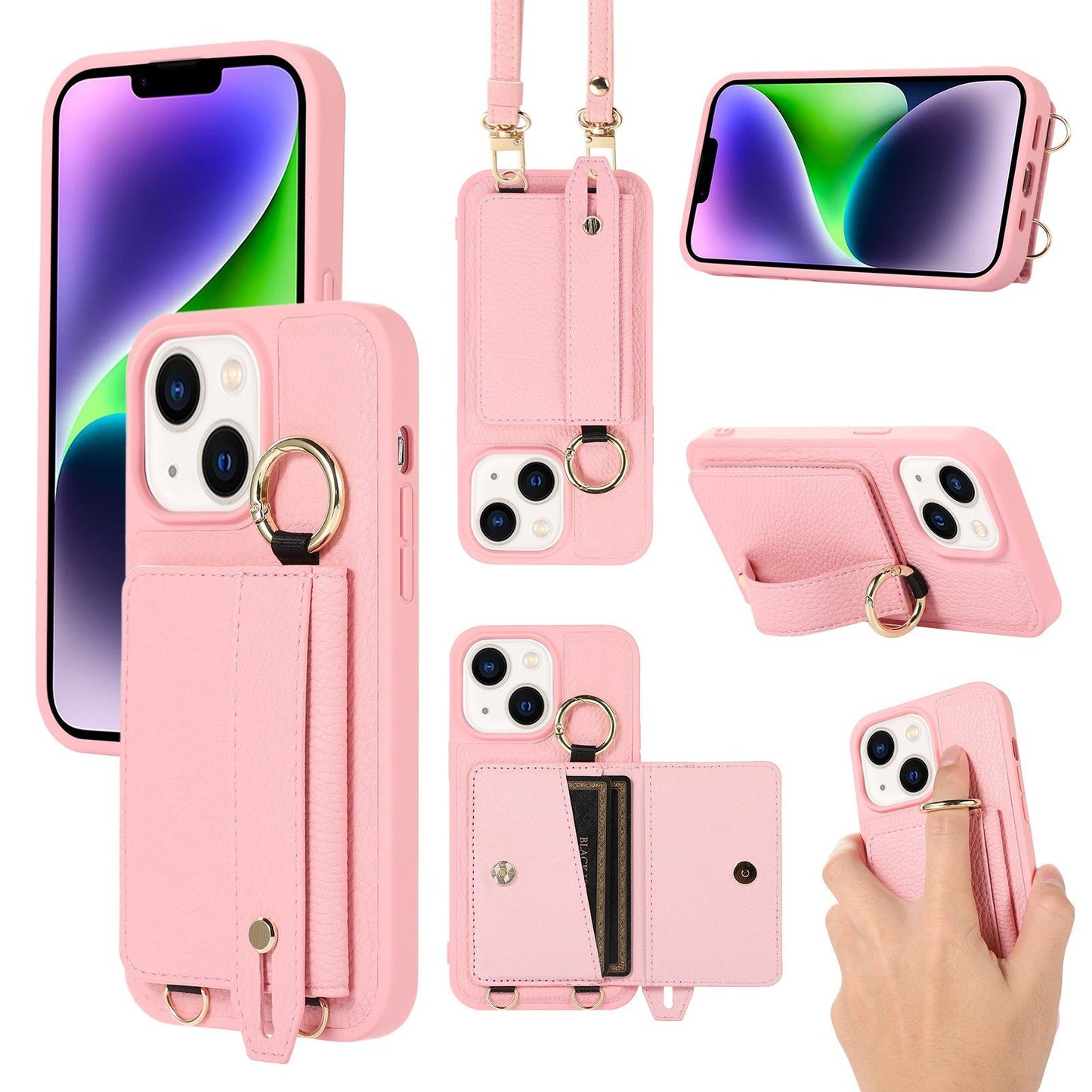 For iPhone 16ProMax 16 15 14 13 12 11 Leather Phone Case with Double Folding Wallet Lanyard, Anti-Fall Card Slot Wristband Ring Kickstand Shockproof Business Hard Full Cover