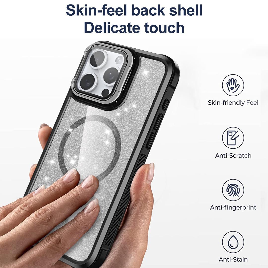 For iPhone 16ProMax 16 15 14 13 12 11 Strong Magnetic Phone Case, Glass Camera Kickstand Protection, Glitter Clear Acrylic Four Corner Shockproof Bumper Hand Feel Hard Full Cover