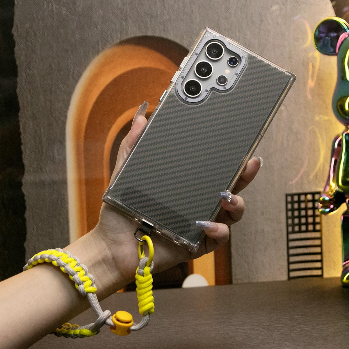 Two-tone Carbon Fiber Pattern Phone Case, Metal Hardware Camera Protective Acrylic Cover, With Adjustable Woven Strap, Shockproof Anti-Fall Bumper For iPhone 16 15 14 13 12 11