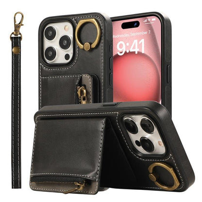 For iPhone 16ProMax 16 15 14 13 12 Leather Phone Case with Double Folding Wallet Wristband, Anti-Fall Card Bag Kickstand Shockproof Business Hard Full Cover