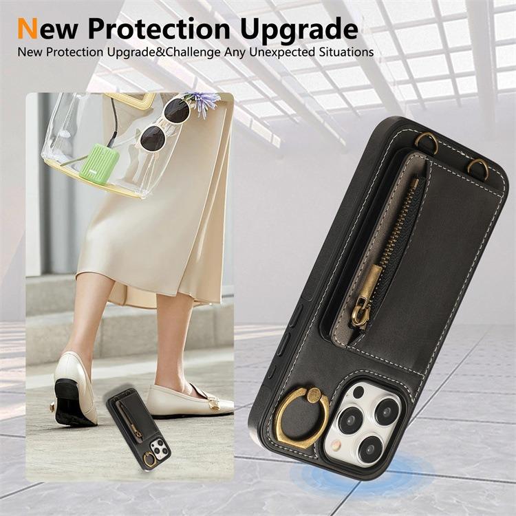For iPhone 16ProMax 16 15 14 13 12 Leather Phone Case with Double Folding Wallet Wristband, Anti-Fall Card Bag Kickstand Shockproof Business Hard Full Cover