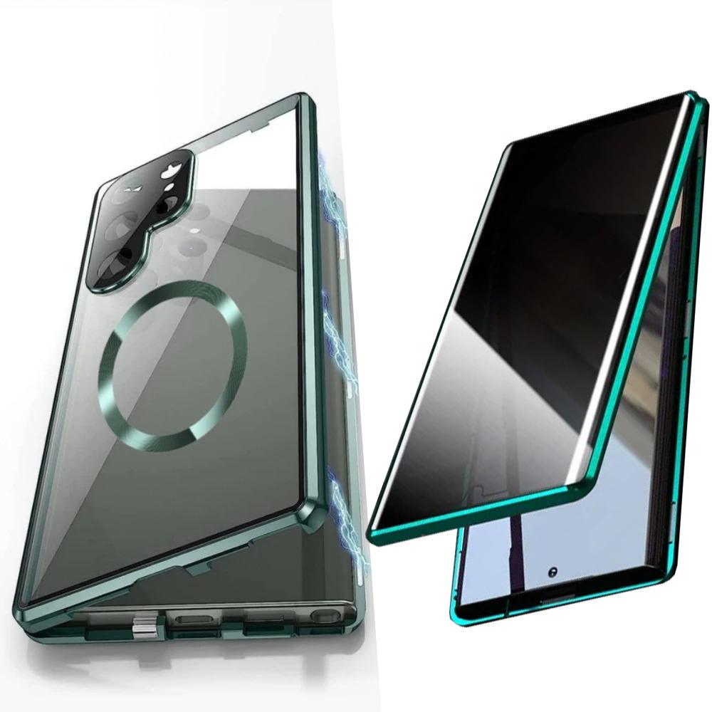 Privacy Tempered Glass Front Acrylic Magnetic Ring Black Cover Double Sided Magnetic Phone Case for Samsung S25Ultra S25 S24 S23 S22 S21 Metal Frame Anti-peep Full Case with Len Protection