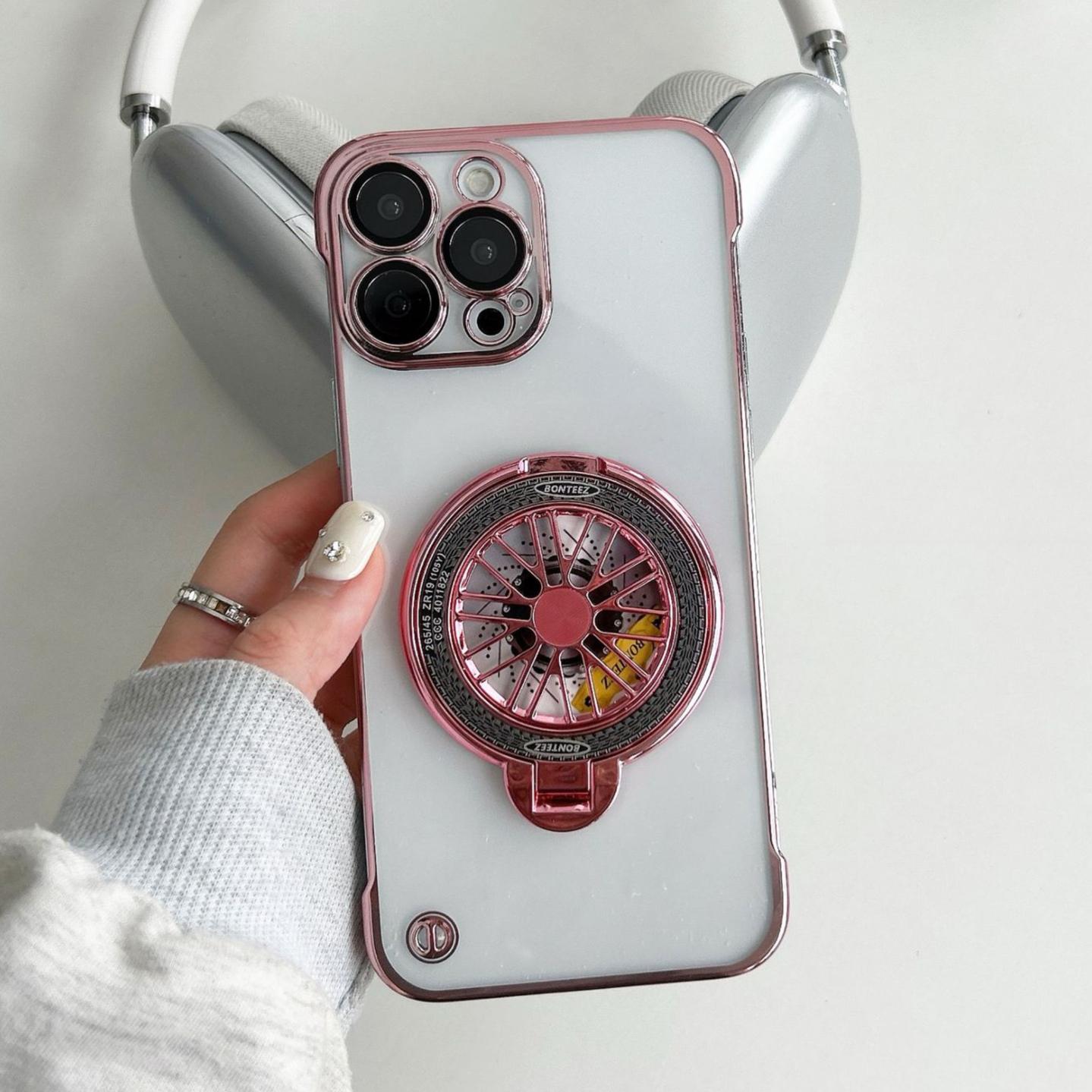 Ultra Slim Frameless Plating PC with Len Protector Phone Case with Metal Magnetic Gyro Rotating Kickstand For iPhone 16ProMax 15 14 13 12 Shockproof Support Wireless Charging Hard Full Cover