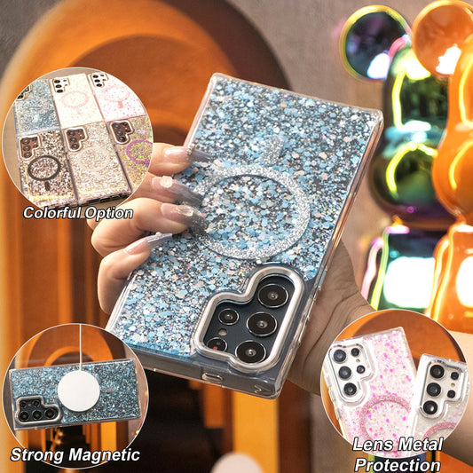 Glitter Glitter Transparent Strong Magnetic For Magsafe Phone Case For Samsung S25Ultra S25+ S25 S24 S23 A14 A15 A16 A24 A25 A34 A35 A54 A55 Metal Frame Shockproof Bumper Acrylic Hard Cover