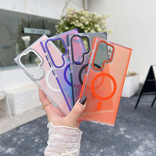 Laser Gradient Chameleon Strong Magnetic Wireless Charging Phone Case For Samsung S25Ultra S25 S24 S23 S22 A06 A15 A16 A25 A35 A36 A53 A54 A55 Metal Frame Acrylic Shockproof Hard Cover