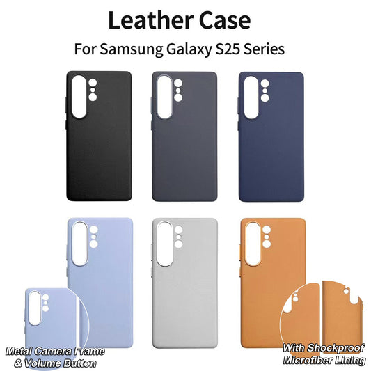Leather Phone Case For Samsung S25Ultra S25+ S25 Metal Camera Frame Volume Button Full Protective Shockproof Back Cover With Microfiber Lining