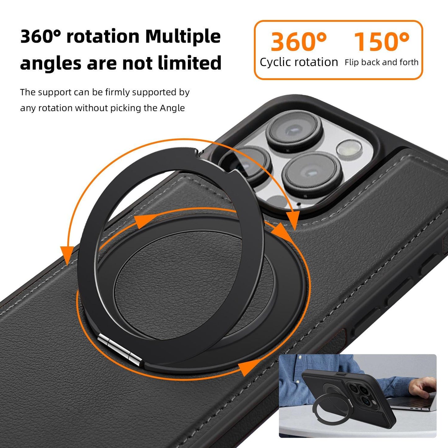 Luxury Full Leather Phone Case For iPhone 16ProMax 16 15 14 13 12 11 Magnetic Rotate Metal Holder Stand Back Cover