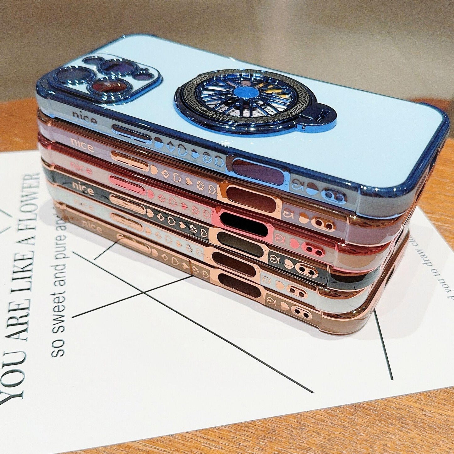 Plating Love Heart TPU Phone Case with Metal Magnetic Gyro Rotating Kickstand For iPhone 16ProMax 15 14 13 12 Shockproof Support Wireless Charging Soft Full Cover