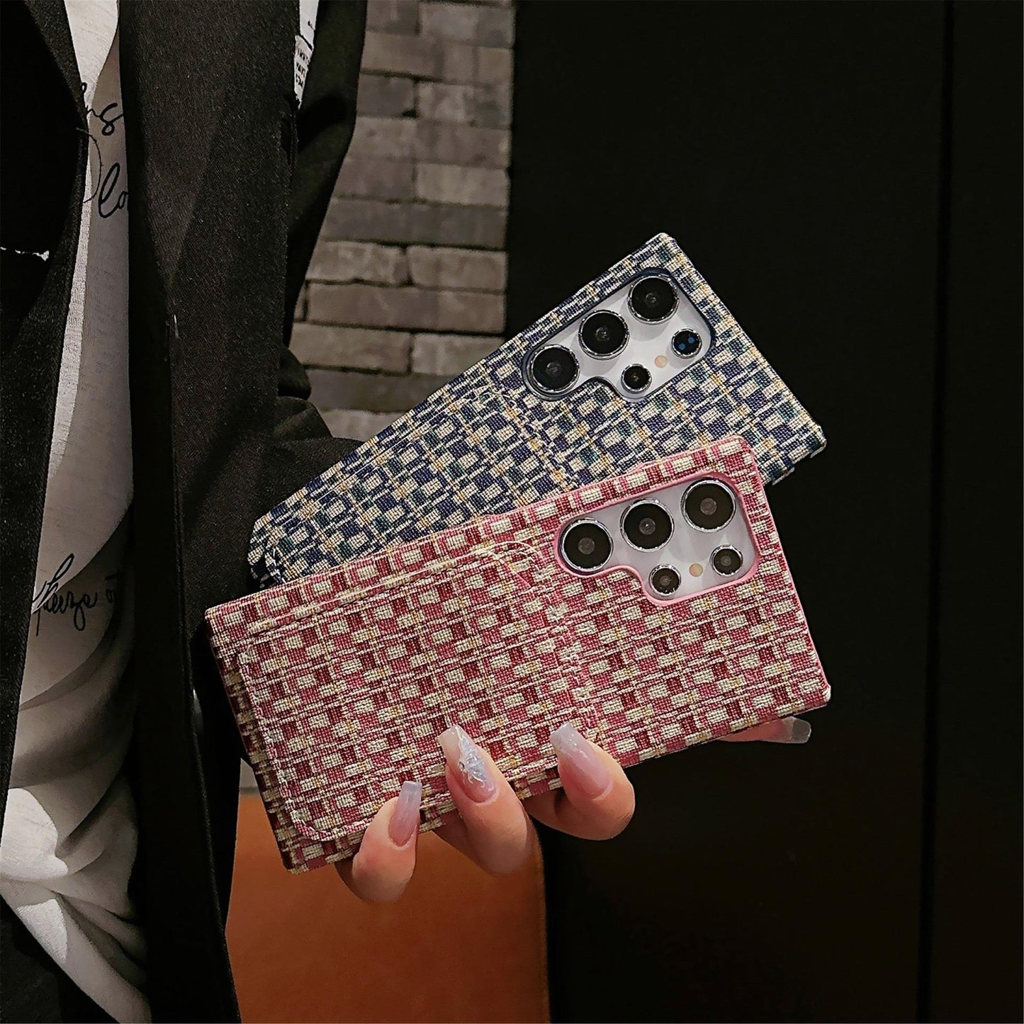 For Samsung S25Ultra S24 S23 S22 Phone Case, Gradient Grid Mosaic Wallet Woven Pattern Fabrics Card Slot Shockproof Hard Full Cover
