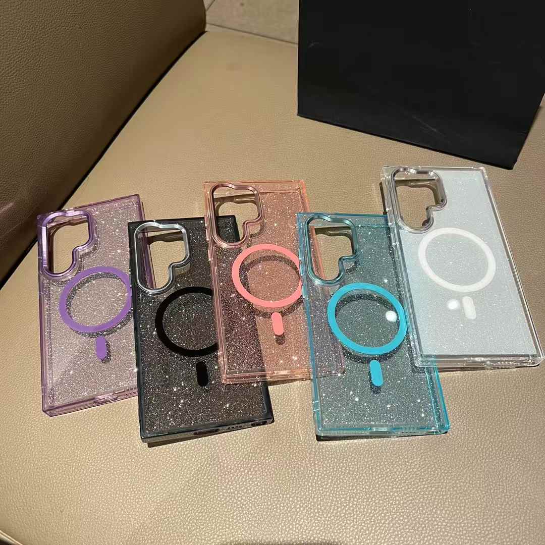 Glitter Transparent Strong Magnetic For Magsafe Phone Case For Samsung S25Ultra S25+ S25 S24Ultra S23FE S23Ultra S24 S23 Metal Frame Shockproof Bumper Acrylic Hard Cover