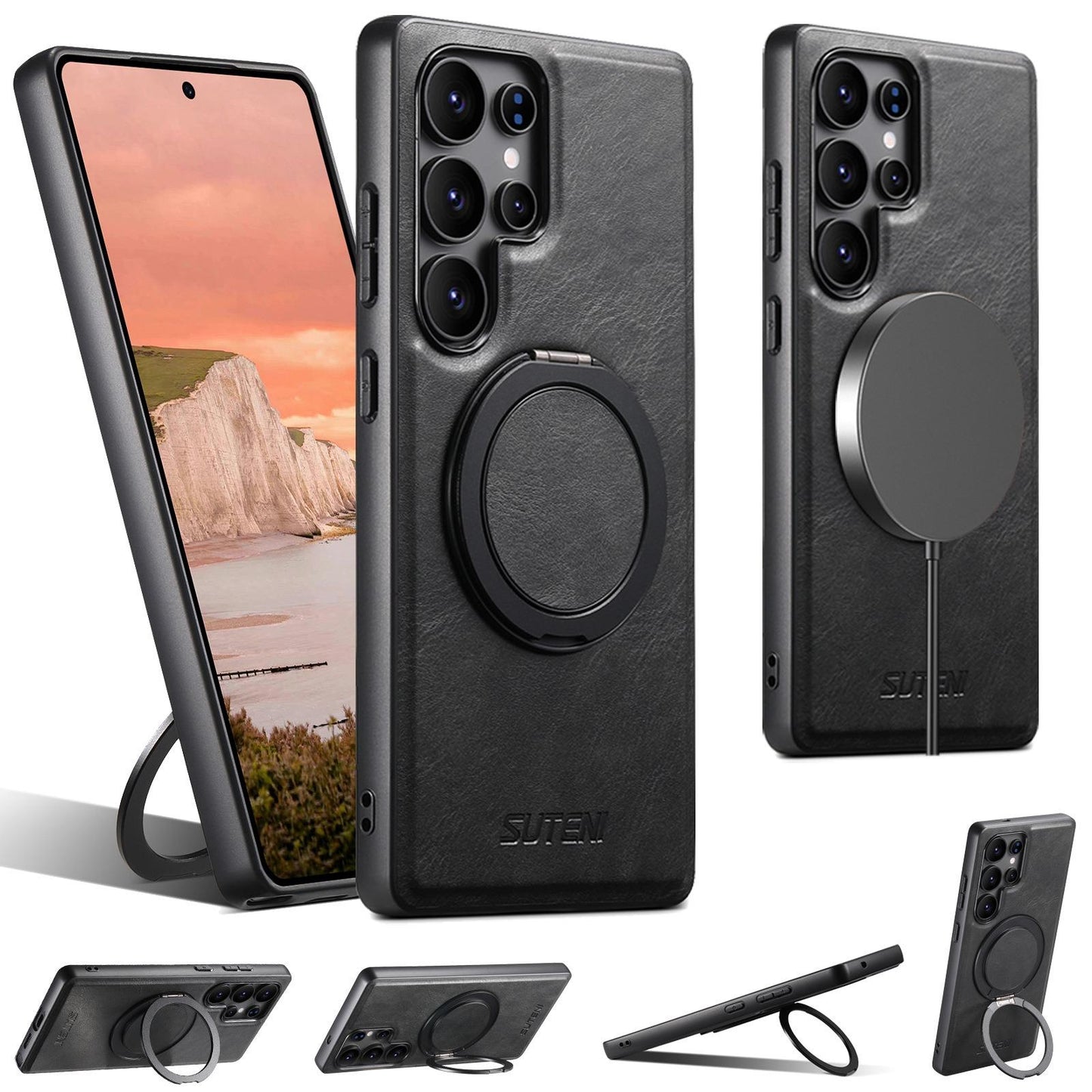 For Samsung S25 S24 S23 S22 Ultra Plus Phone Case, Smooth Surface Oil Wax Pattern Leather Metal Kickstand Shockproof Support Wireless Charging Hard Phone Case
