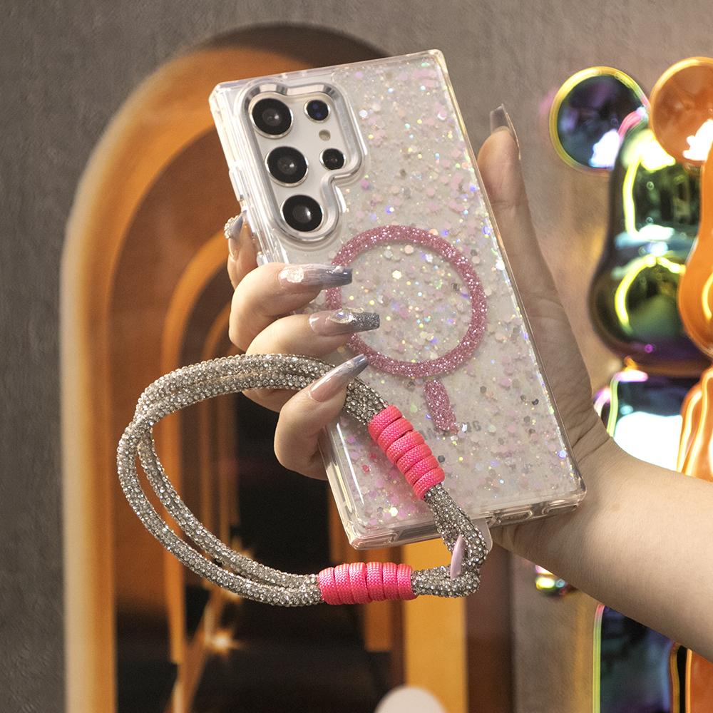 Glitter Glitter Transparent Strong Magnetic Phone Case With Weave Diamond Wristband For Samsung S25Ultra S24 S23 A14 A15 A16 A24 A25 A34 A35 A54 A55 Metal Frame Shockproof Acrylic Hard Cover