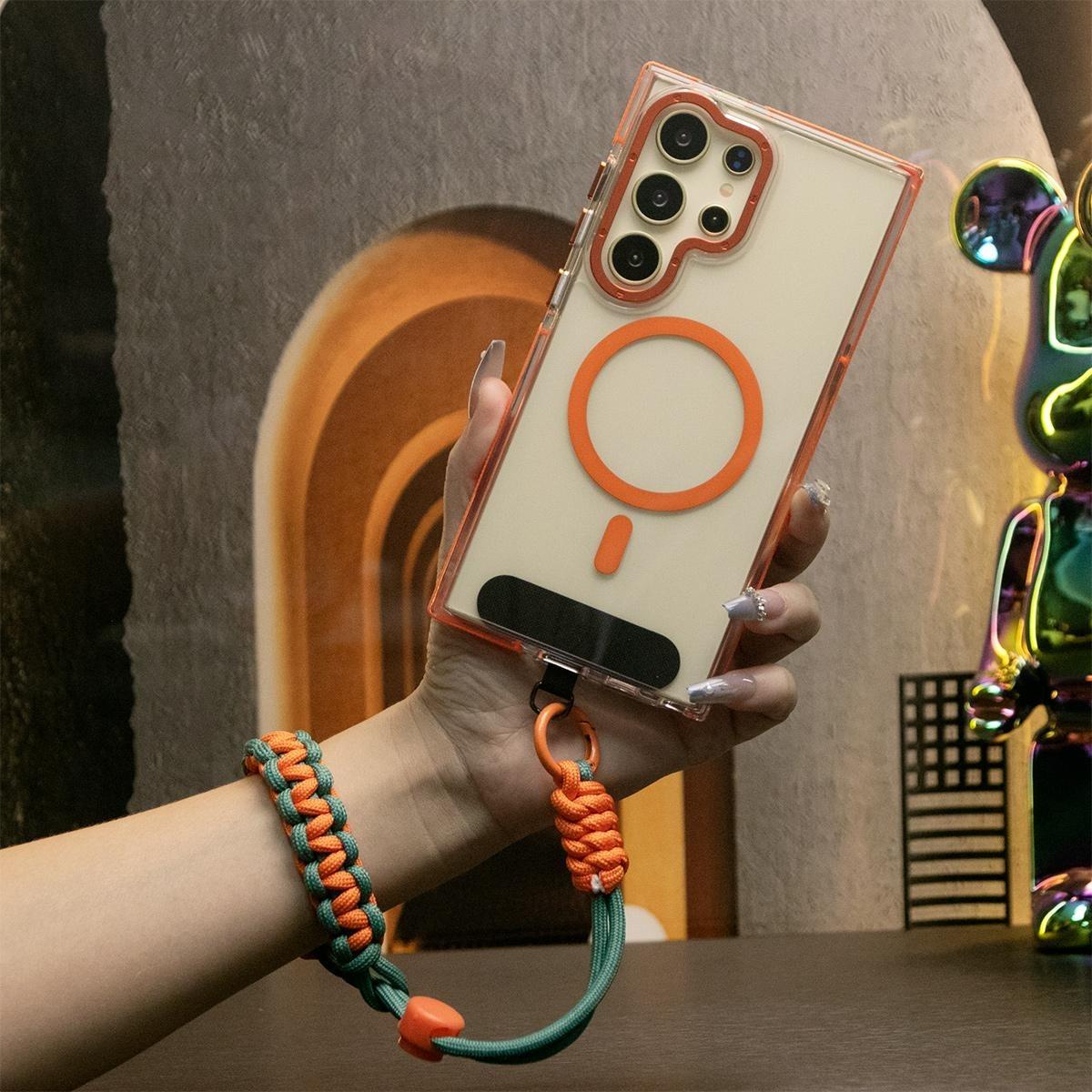 Clear Dual Color Strong Magnetic Wireless Charging Case For Samsung S25Ultra S24+ S23FE A14 A15 A16 A24 A25 A34 A35 A54 A55 Metal Camera Frame Bumper Acrylic Hard Cover with Adjustable Wristband