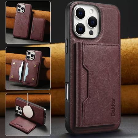 For iPhone 16ProMax 16 15 14 13 12 Leather Phone Case with Strong Magnetic Double Folding Wallet, Anti-Fall Card Bag Kickstand for Magsafe Shockproof Business Hard Full Cover