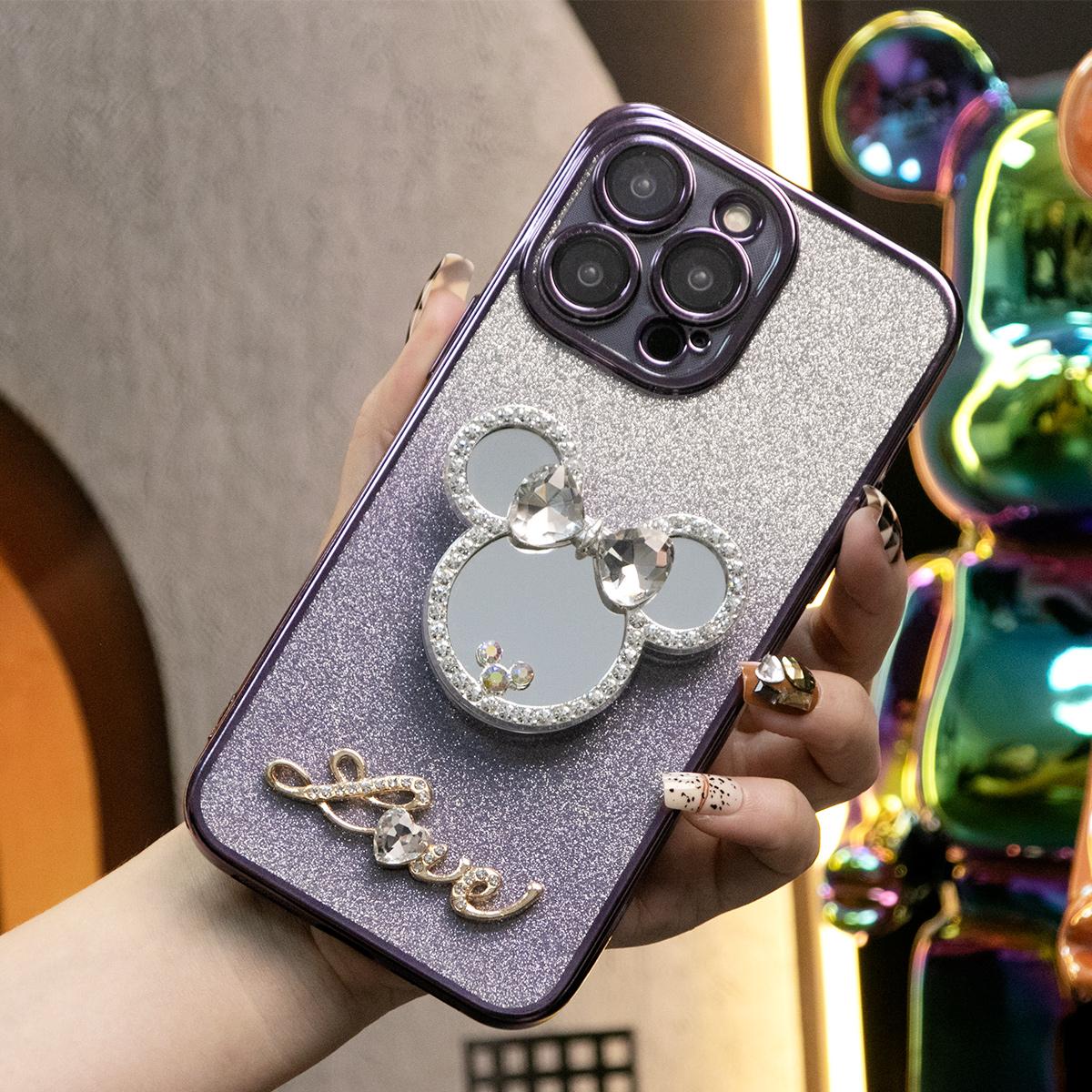 Glitter Transparent Gradient Mouse Head Mirror Kickstand Plating Phone Case For iPhone 16 15 14 13 12 Pro Max Clear Soft TPU Back Cover