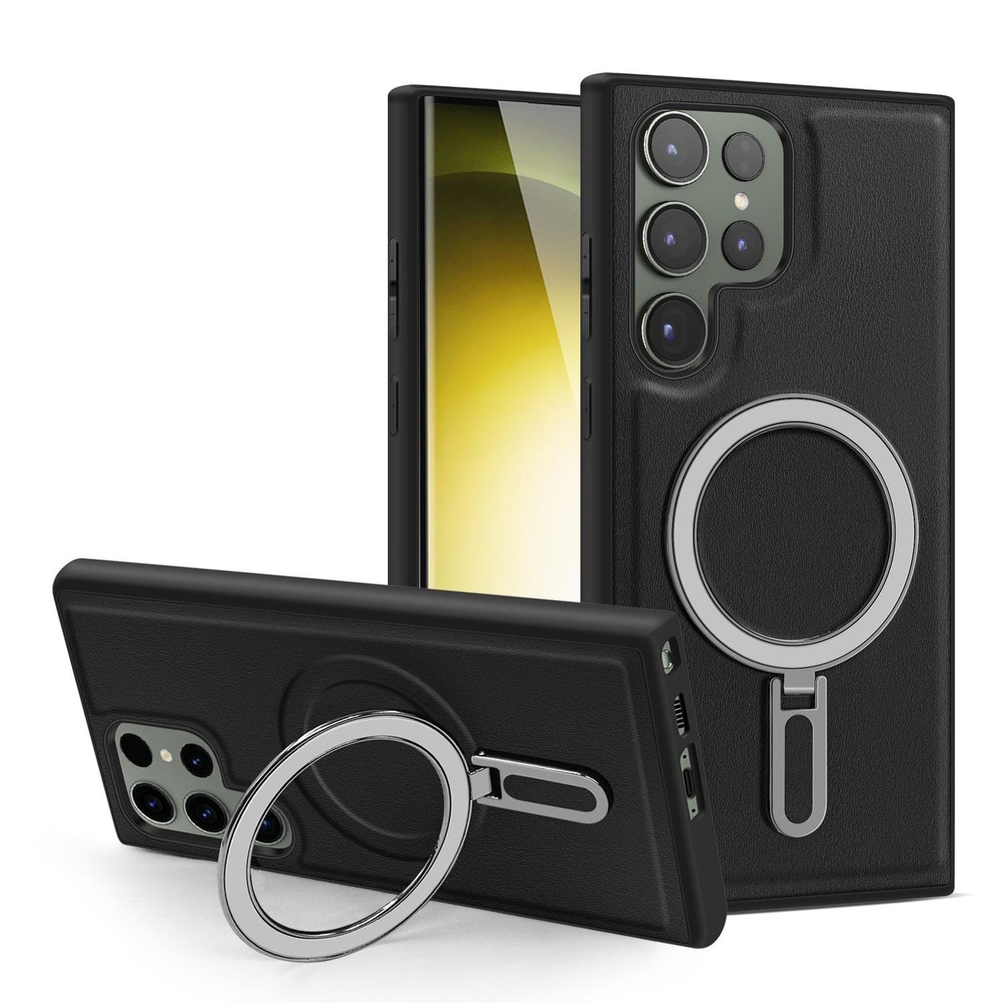 Luxury Full Leather Glossy Kickstand Phone Case For Magsafe For Samsung S25Ultra S25+ S25 S24FE S24 Ultra S23 S22 Ultra Plus Metal Ring Magnetic Metal Holder Shockproof Stand Back Cover