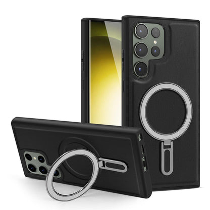 Luxury Full Leather Glossy Kickstand Phone Case For Magsafe For Samsung S25Ultra S25+ S25 S24FE S24 Ultra S23 S22 Ultra Plus Metal Ring Magnetic Metal Holder Shockproof Stand Back Cover