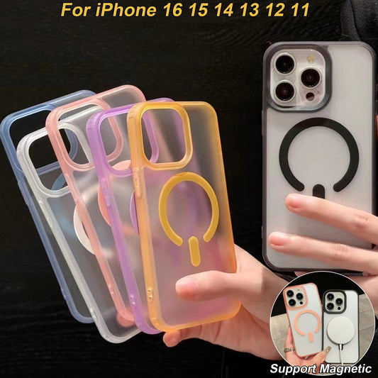Colorful Matte Clear Macaron C Pattern Magnetic Phone Case For iPhone 16ProMax 16 15 14 13 12 11 Pro Max Plus Transparent [Not Yellowing] [Skin Feel] Shockproof Hard Full Cover