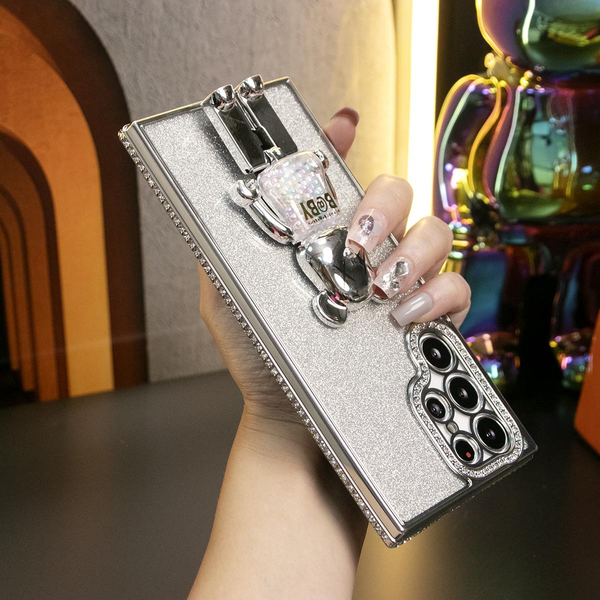 For Samsung S25Ultra S25 S24 S23 S22 Plus Ultra Case, Clear Rhinestone Candy Bear Kickstand, Glitter Luxury Elegant Plating Case Camera Protection Shockproof Soft Cover
