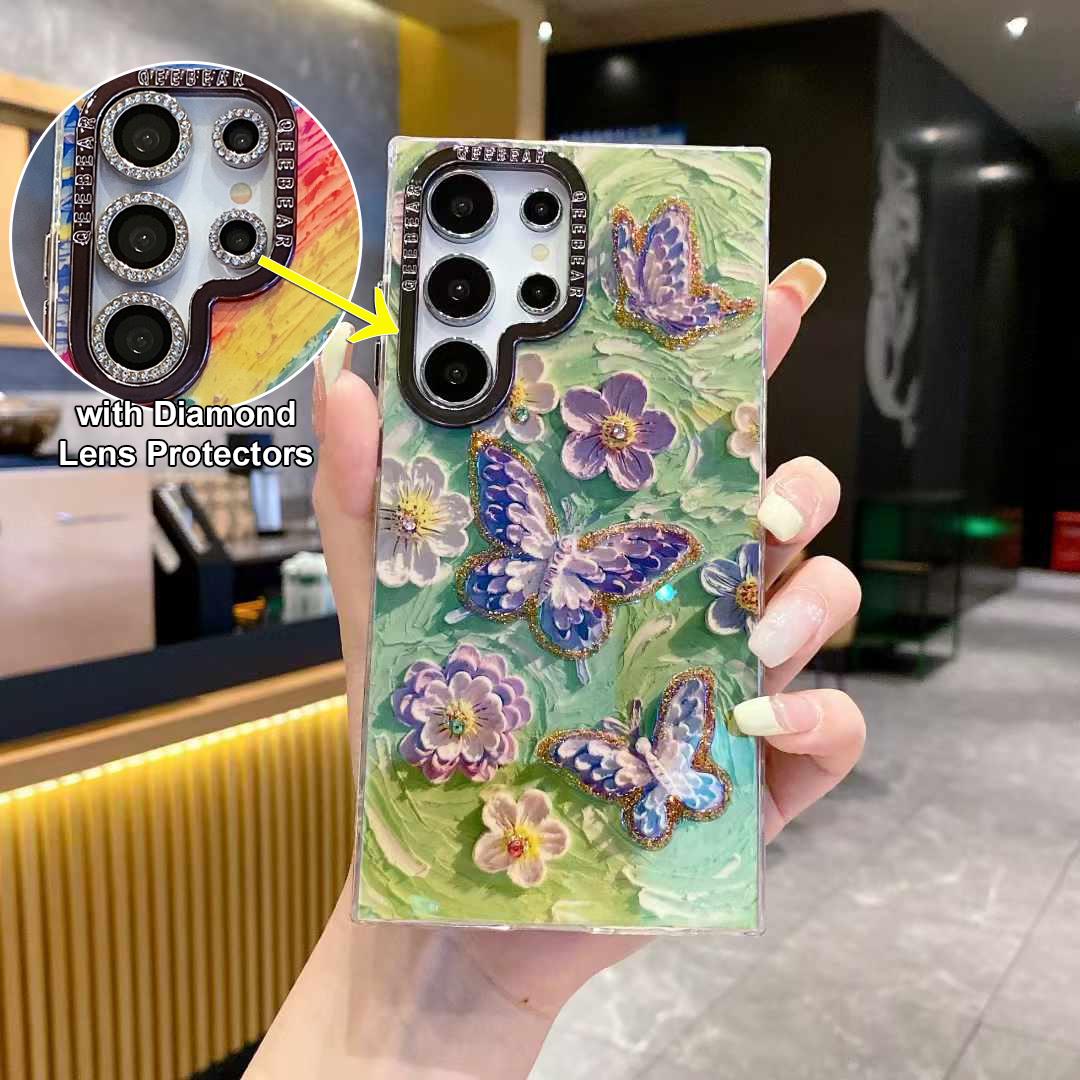 For Samsung S25 S24 S23 S22 Phone Case with Diamond Lens Protectors, Luxury Panda Leopard Rainbow Butterfly Elephant Oil Painting Metal Camera Frame Anti-drop Hard Shockproof Full Cover
