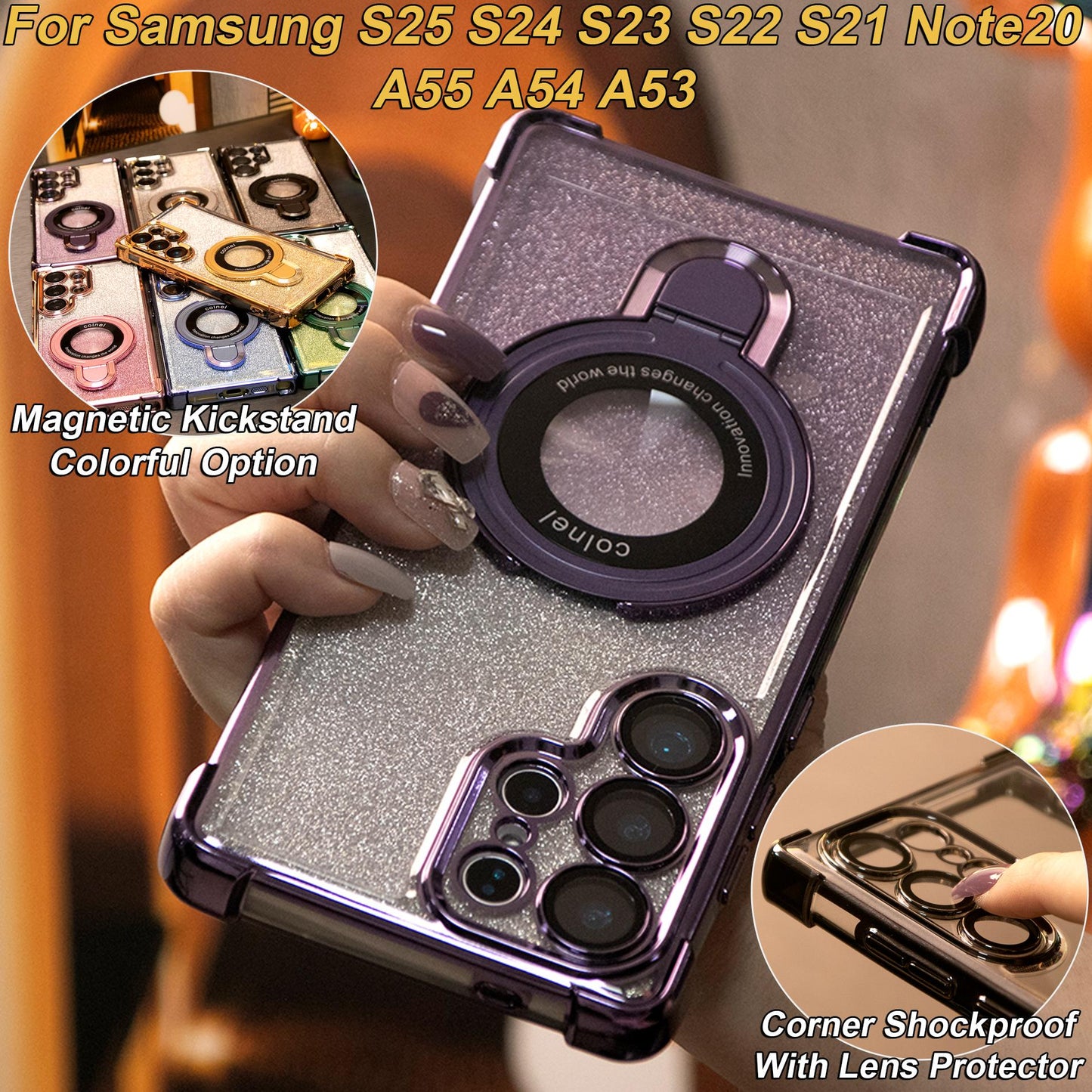 Gradient Plating Four Corners Shockproof Clear Kickstand Case for Samsung S25Ultra S25+ S25 S24Ultra S24FE S24 S23 FE S22 Plus A53 A54 A55 Transparent Hard Acrylic Hybrid Bumper Armor Cover