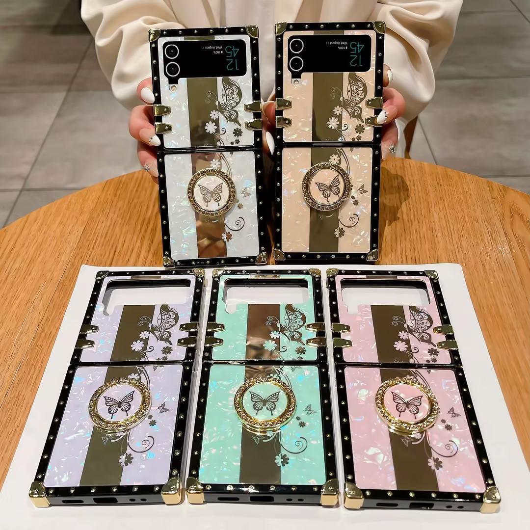 Luxury Glitter Mirror Butterfly Cover For Samsung Galaxy Z Flip 5 Fashion bracket Square Case For Samsung Galaxy Z Flip 4 Z Flip 3