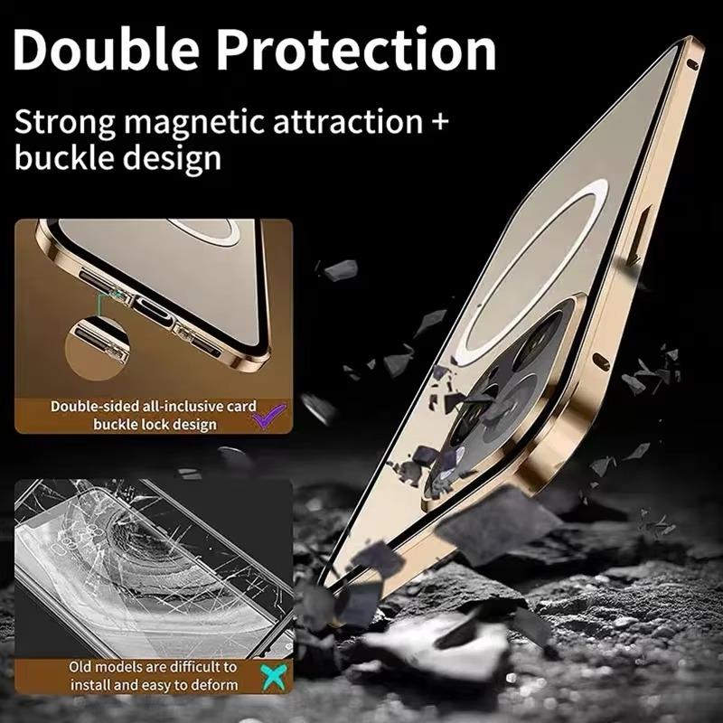 360 Full Protection Metal Magnetic Double Sided Phone Case For iPhone 16 15 14 13 12 Pro Max Plus For Magsafe Case Glass Magnetic Ring For Wireless Charging Snap Lock Full Cover