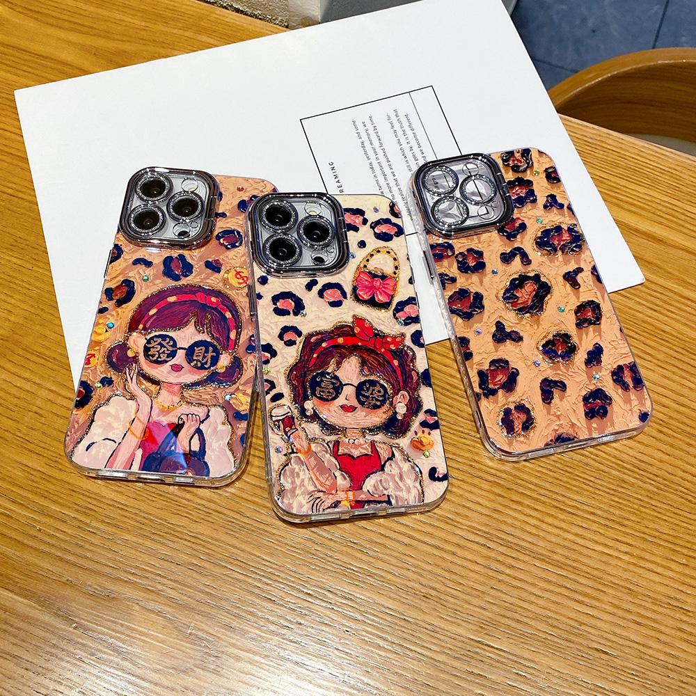 For iPhone 16ProMax 16 15 14 13 12 11 Phone Case with Diamond Camera Kickstand, Rich Girl Women Leopard Print Rainbow Castle, Oil Painting Camera Frame Anti-drop Hard Shockproof Full Cover