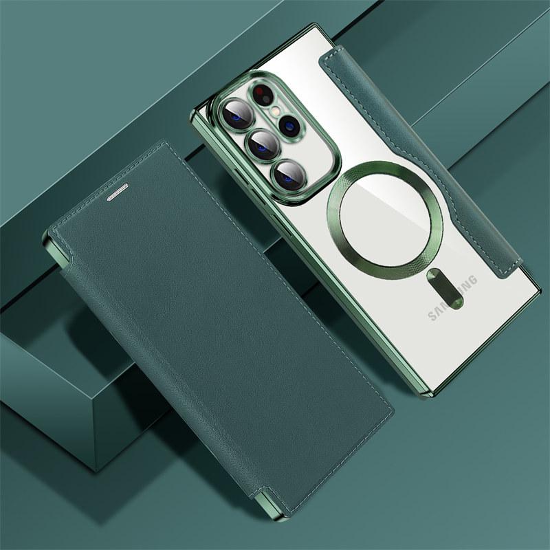 Luxury Flip Leather Magnetic Wireless Charging Phone Case For Samsung S25 S24 S23 S22 Stand Card Slots Bag Cover