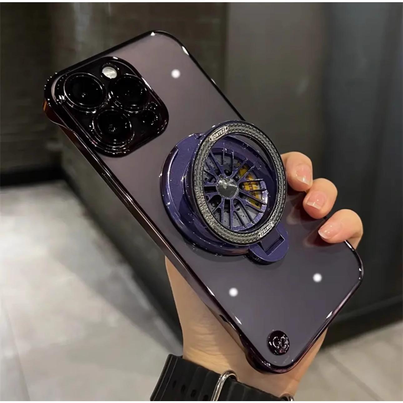 Ultra Slim Frameless Plating PC with Len Protector Phone Case with Metal Magnetic Gyro Rotating Kickstand For iPhone 16ProMax 15 14 13 12 Shockproof Support Wireless Charging Hard Full Cover