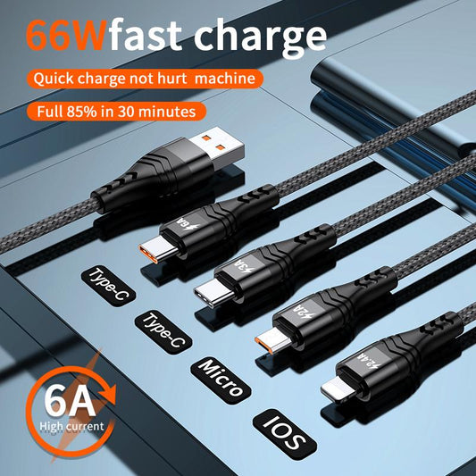 1.2m/2m 6A 4in1 One Drag Four Fast Filling Line Cable Aluminum Alloy + Two-color Braided Thread Fast Charging IP Type-C Android Universal