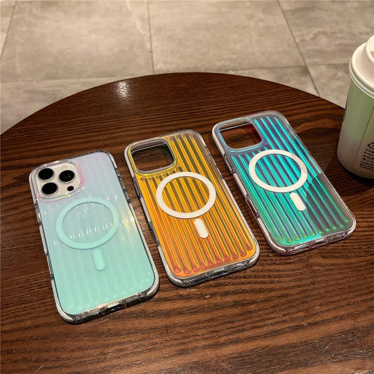 Transparent Gradient Corrugated Grille Suitcase Strong Magnetic Hard Polycarbonate Shockproof Phone Case with Bumper Strip for iPhone 16ProMax 16 15 14 13 Matte Frozen Fog Full Cover