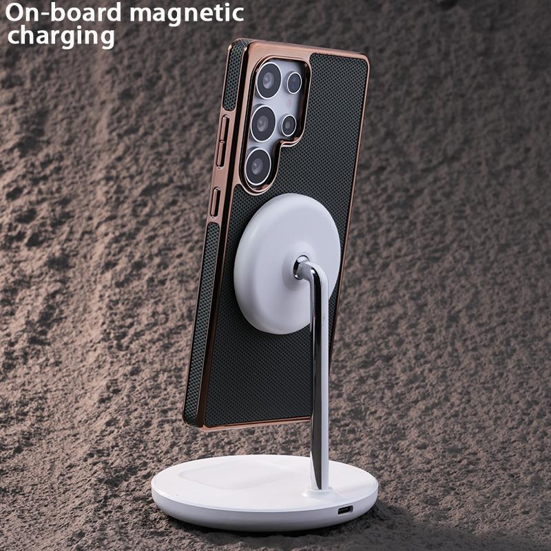 For Samsung S25Ultra S24 S23 S22 Plus FE Phone Case, Plating Antislip Matte Luxury Leather Emboss Strong Magnetic Slim Protection Shockproof Hard Full Cover