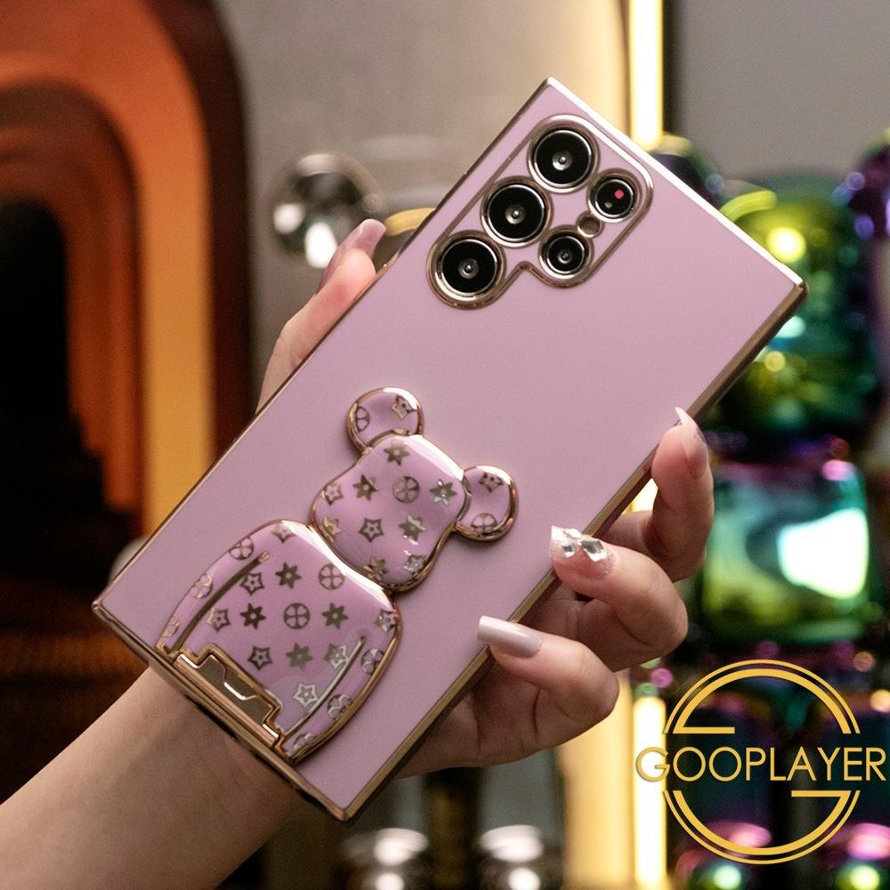 Plating Flower Bear Stand Phone Case for Samsung Galaxy S25Ultra S24 S25 Plus FE Soft TPU Back Cover