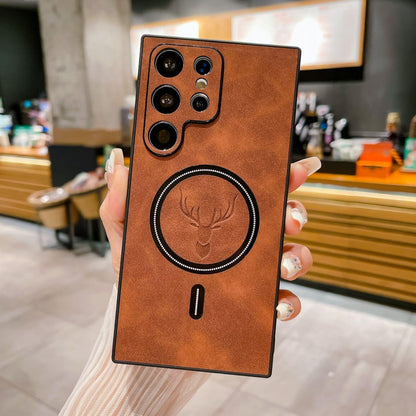 For Samsung S25Ultra S25Edge S24 S23 S22 S21 Note20 Case, Deer Pattern Matte Suede Leather Magnetic Shockproof Anti-Slip Hard Phone Case
